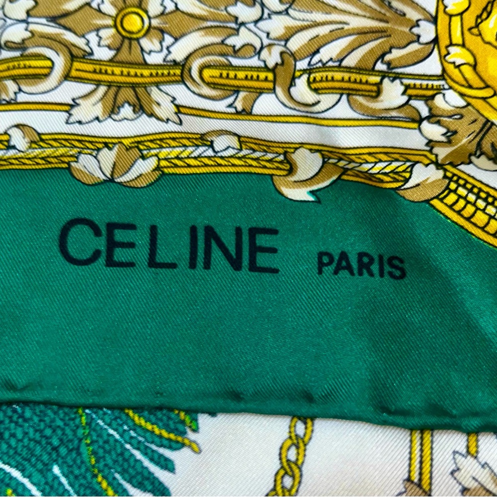 CELINE Paris Ecru with Green and Gold Scarf Silk Made in Italy - Picture 2 of 6